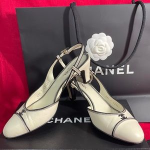 Chanel Classic Ivory and Black Slingback Heels